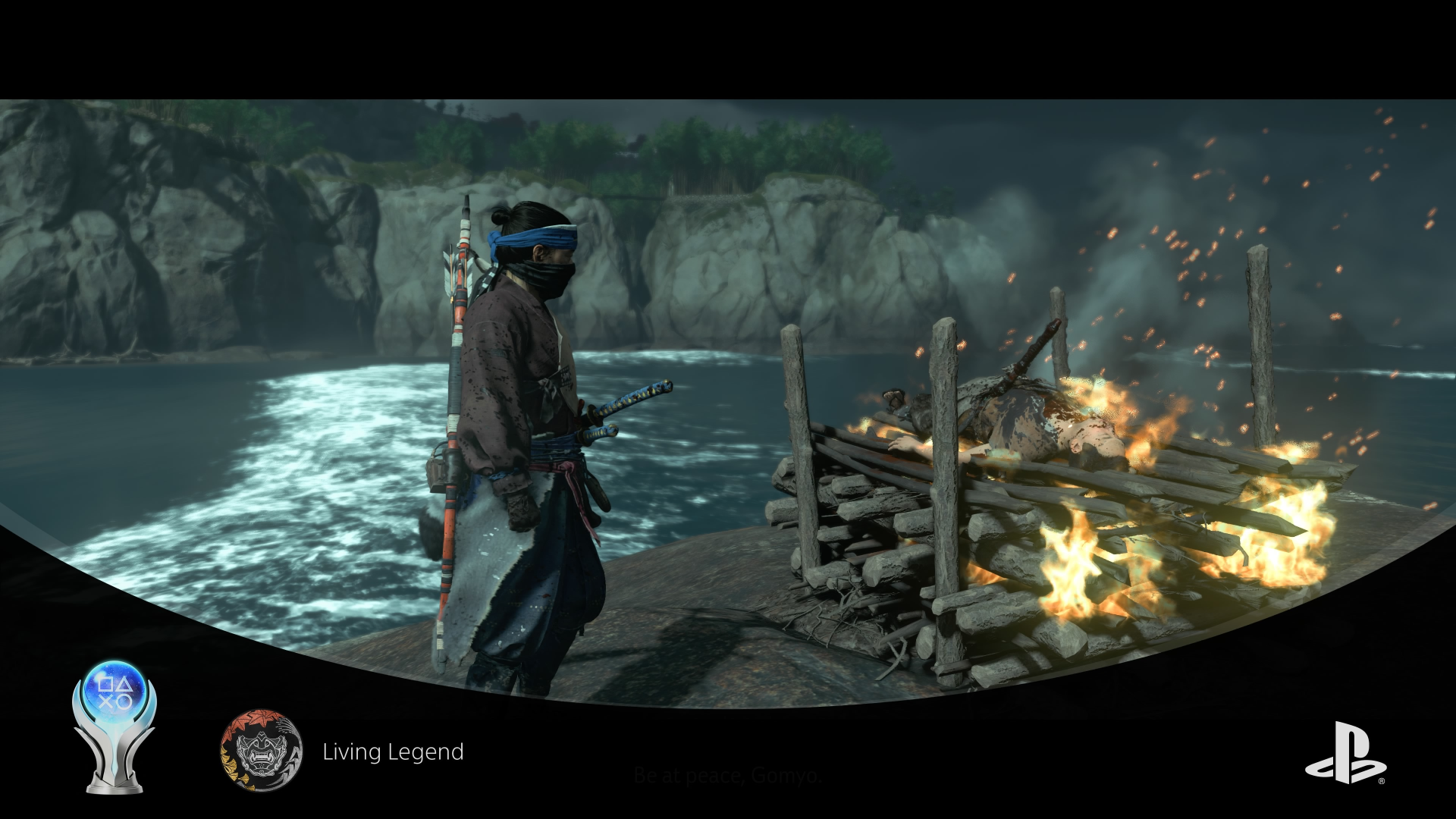 An image of the Living Legend Platinum trophy being earned in Ghost of Tsushima.