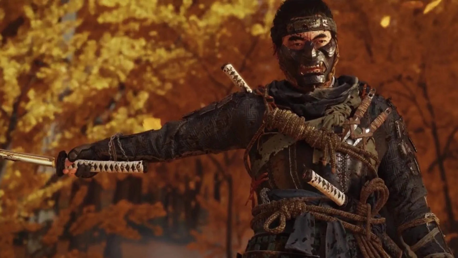 An image of Jin from Ghost of Tsushima standing with his kitana held horizontally.